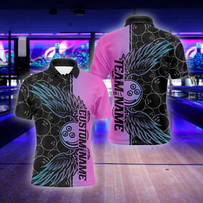Custom Bowling Team Shirt, Polo, Pink & Black Winged Ball Design, Personalized Bowling Shirt for Men, Women, Custom Name Team, Gift For Man
