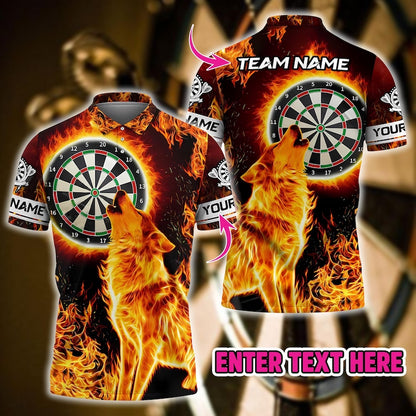 Fire Moonlight Wolf 3D Darts Jersey With Custom Name & Team, Bold Graphic Sportswear For Gift Or Match Day, Shirt For Men Or Dart Teams.
