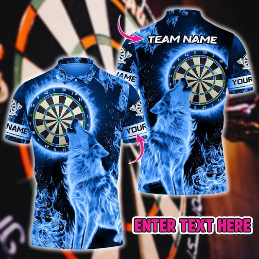 Fire Moonlight Wolf 3D Darts Jersey With Custom Name & Team, Bold Graphic Sportswear For Gift Or Match Day, Shirt For Men Or Dart Teams.