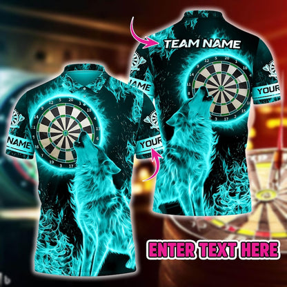Fire Moonlight Wolf 3D Darts Jersey With Custom Name & Team, Bold Graphic Sportswear For Gift Or Match Day, Shirt For Men Or Dart Teams.