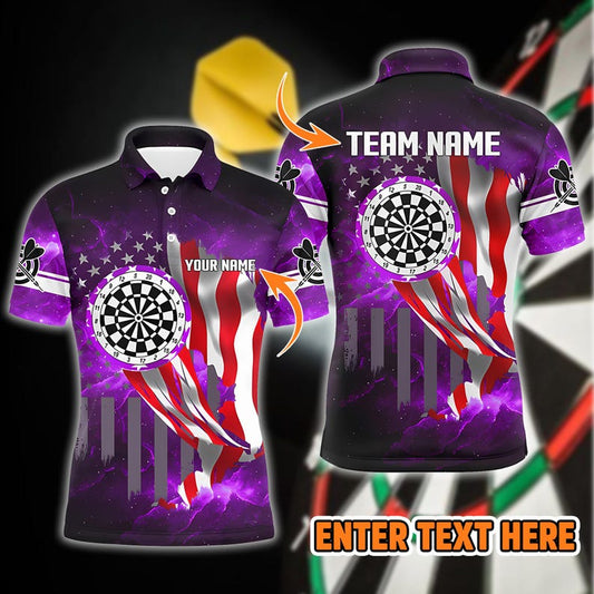USA Flag Darts Polo Shirt With Dartboard & Custom Name, Patriotic Sportswear For Gift Or Game Day, Polo Or Zip Shirt For Men Or Teams.