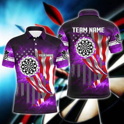 USA Flag Darts Polo Shirt With Dartboard & Custom Name, Patriotic Sportswear For Gift Or Game Day, Polo Or Zip Shirt For Men Or Teams.