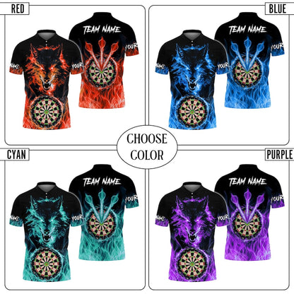 Custom Wolf & Fire Flame Darts 3D Polo Shirt, Custom Name and Team, Multicolor Polo, Gift For Team, Dad Gift.