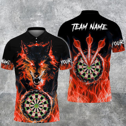 Custom Wolf & Fire Flame Darts 3D Polo Shirt, Custom Name and Team, Multicolor Polo, Gift For Team, Dad Gift.