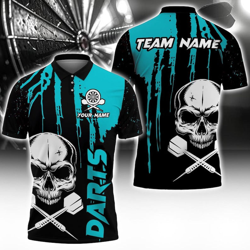 Custom 3D Polo Shirt, Darts Skull Design with Multicolor Options, Personalized with Name & Team Name, Gift For Man