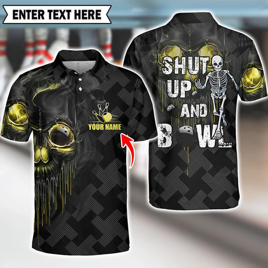 Personalized Skull Bowling Polo, Shut Up and Bowl Skeleton Design, Custom Team Name Jersey, Halloween Bowler Shirt for Men & Women.