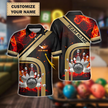 Personalized Bowling Team Polo, Ball & Pins Water And Flame Design, Multicolor 3D Jersey with Custom Name And Team, Gift for Dad.