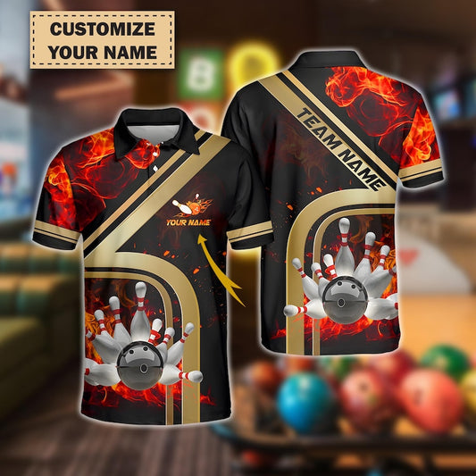 Personalized Bowling Team Polo, Ball & Pins Water And Flame Design, Multicolor 3D Jersey with Custom Name And Team, Gift for Dad.