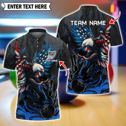 Custom American Eagle Bowling Shirt – US Flag Design, Multicolor 3D Polo with Personalized Name, Patriotic, Gift for Bowlers, Gift For Men.