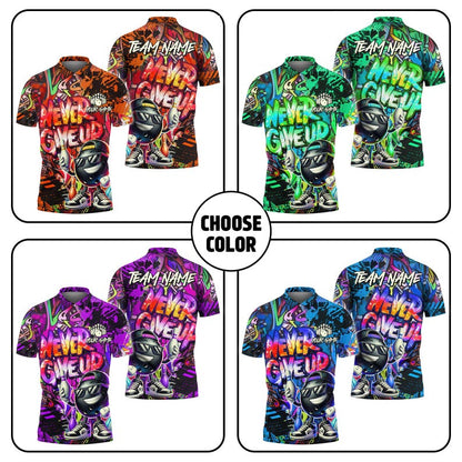 Custom Graffiti Bowling Shirt – Funny “Never Give Up” Design with Multicolor Options, Personalized Name & Team 3D Jersey, Gift for Bowlers.