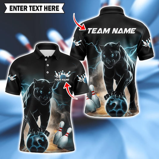 Custom Panther Bowling Polo, Cyan Thunder & Lightning Design, Personalized Polo for Men, Bowling Team Uniform, Gift For Dad.