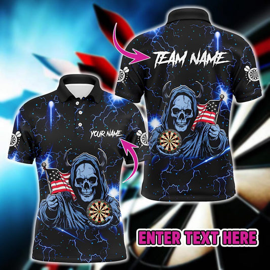 Blue Skull Thunder Darts Jersey With 3D USA Flag & Custom Name, Patriotic Sportswear For Gift Or Game Day, Shirt For Men Or Dart Team.