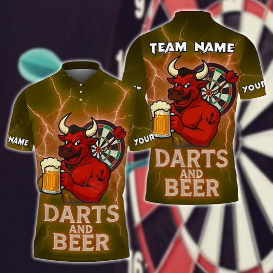 Custom Darts Beer Bull Thunder Polo Shirt, Custom Name & Design Polo Shirt, 3D Over Print Beer Design, Gift For Team, Dad Gift.