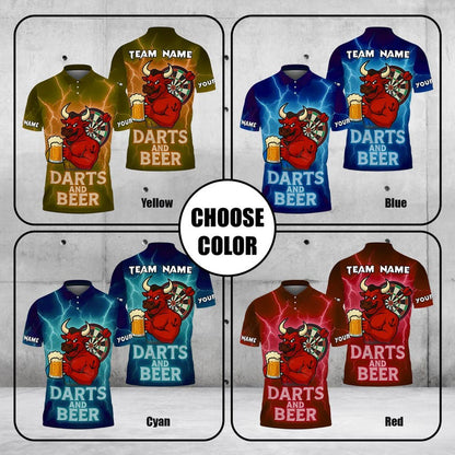 Custom Darts Beer Bull Thunder Polo Shirt, Custom Name & Design Polo Shirt, 3D Over Print Beer Design, Gift For Team, Dad Gift.