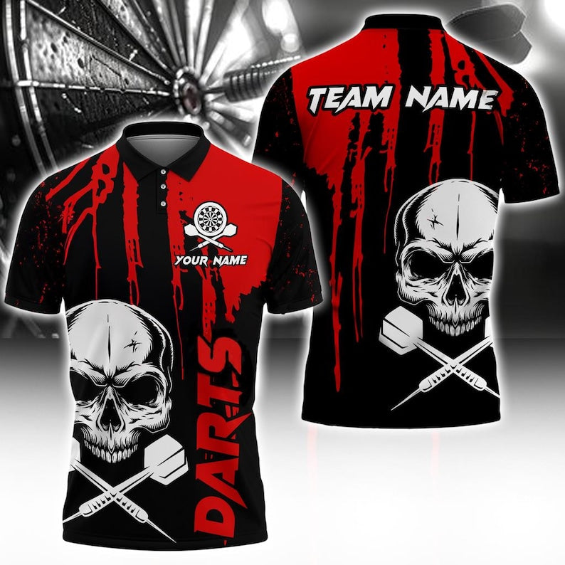 Custom 3D Polo Shirt, Darts Skull Design with Multicolor Options, Personalized with Name & Team Name, Gift For Man
