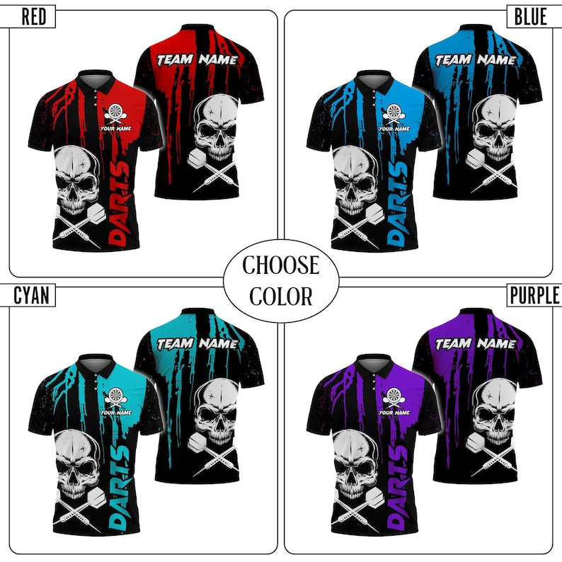 Custom 3D Polo Shirt, Darts Skull Design with Multicolor Options, Personalized with Name & Team Name, Gift For Man