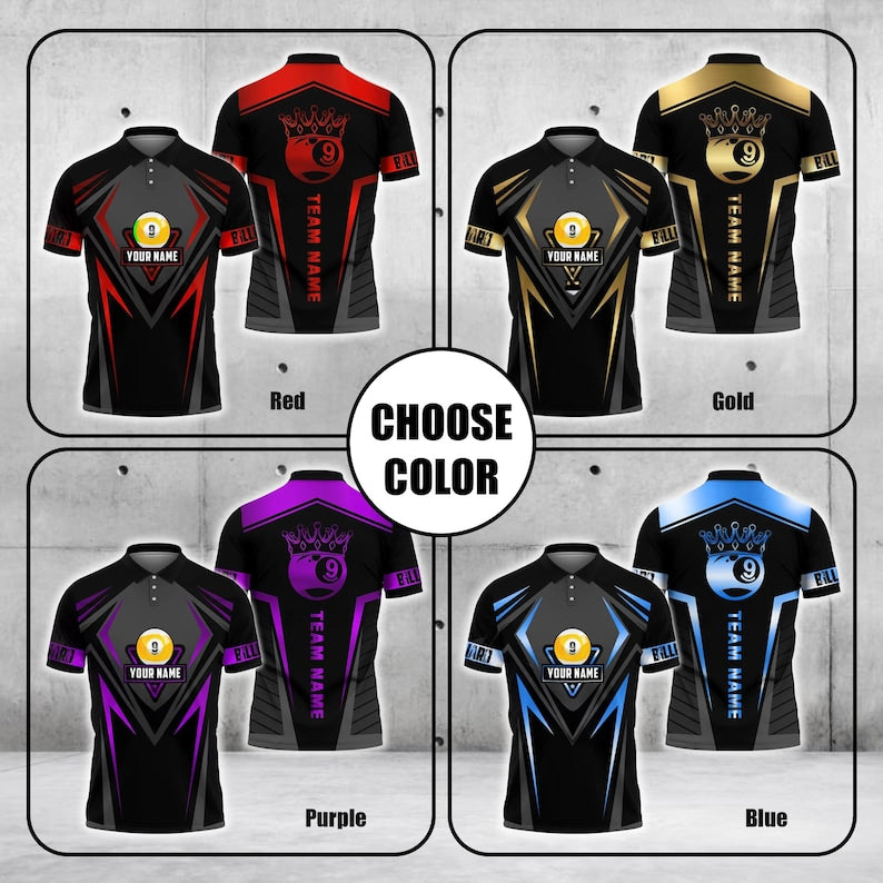 Custom 9 Ball Billiards Polo Shirt for Men, Golden Crown Line 3D Design, Personalized Pool Jersey with Team Name, Gift for Players.