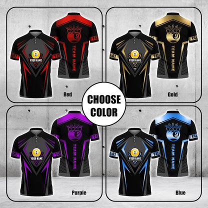 Custom 9 Ball Billiards Polo Shirt for Men, Golden Crown Line 3D Design, Personalized Pool Jersey with Team Name, Gift for Players.