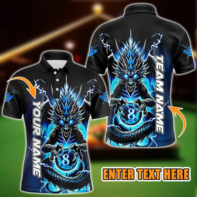Custom Billiard Polo Shirt, Glowing 8 Ball Design for Men, Personalized Team Name Pool League Jersey, Cool Gift Idea.