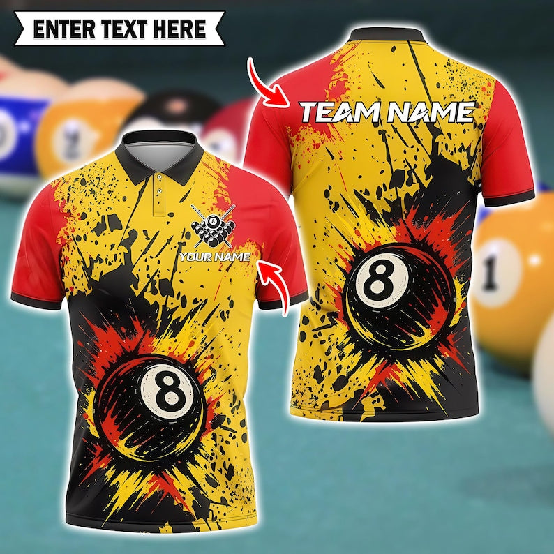 Custom Billiards Polo Shirt, Exploding 8 Ball with Splash Paint Design, 3D Pool Jersey with Personalized Name & Team, Multicolor Option.