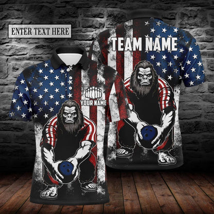 Personalized Patriotic Bigfoot Bowling Polo Shirt: Funny Bowling Gift