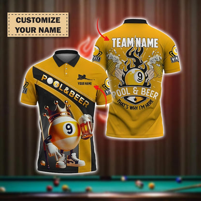 Custom Pool & Beer Polo Shirt, Funny 9 Ball Billiards Team Jersey, Personalized Pool Player Shirt, Name And Team Bar Shirt, Pool Team Gift.