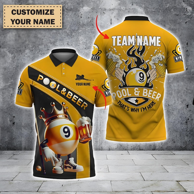 Custom Pool & Beer Polo Shirt, Funny 9 Ball Billiards Team Jersey, Personalized Pool Player Shirt, Name And Team Bar Shirt, Pool Team Gift.