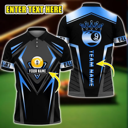 Custom 9 Ball Billiards Polo Shirt for Men, Golden Crown Line 3D Design, Personalized Pool Jersey with Team Name, Gift for Players.