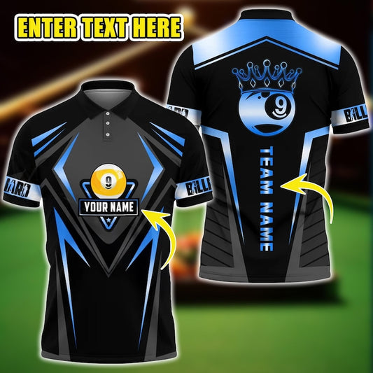 Custom 9 Ball Billiards Polo Shirt for Men, Golden Crown Line 3D Design, Personalized Pool Jersey with Team Name, Gift for Players.