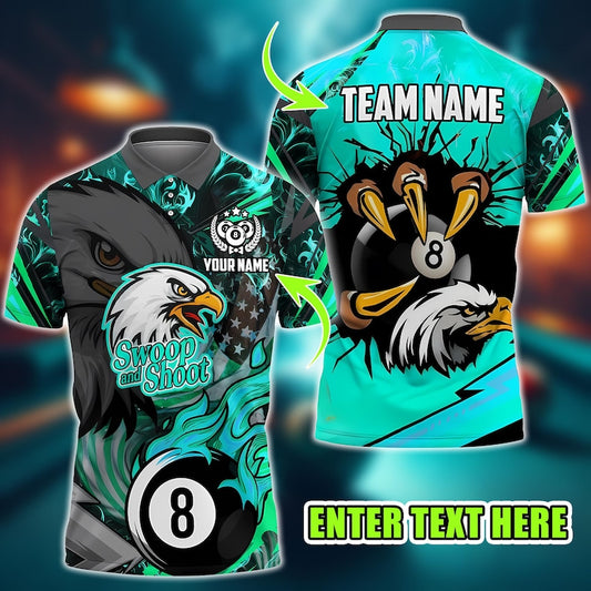 Custom Billiard Polo Shirt, 8 Ball Firestorm with American Flag, 3D Pool Jersey, Personalized Name & Team, Gift for men.