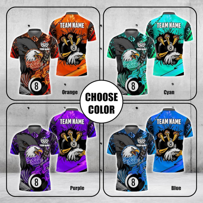 Custom Billiard Polo Shirt, 8 Ball Firestorm with American Flag, 3D Pool Jersey, Personalized Name & Team, Gift for men.
