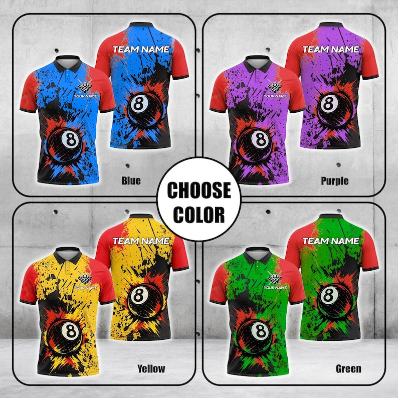 Custom Billiards Polo Shirt, Exploding 8 Ball with Splash Paint Effect , 3D Pool Jersey with Personalized Name & Team, Gift for men.
