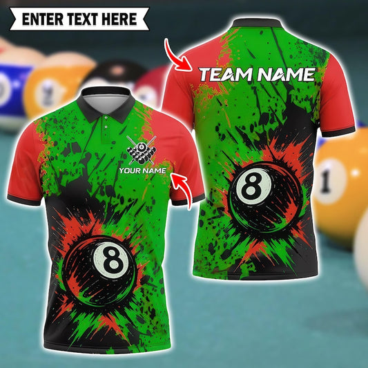 Custom Billiards Polo Shirt, Exploding 8 Ball with Splash Paint Design, 3D Pool Jersey with Personalized Name & Team, Multicolor Option.