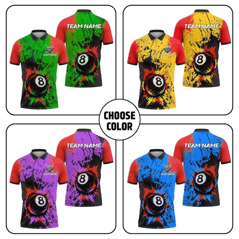 Custom Billiards Polo Shirt, Exploding 8 Ball with Splash Paint Design, 3D Pool Jersey with Personalized Name & Team, Multicolor Option.