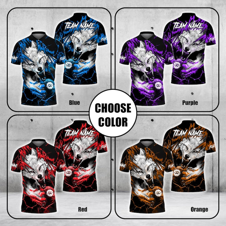 Custom Billiard Polo Shirt, Bloody Wolf 8 Ball 3D with Personalized Name & Team, Multicolor Pool Jersey, Perfect Gift for Pool Players.
