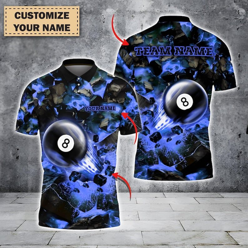 Custom 8 Ball Billiards Polo Shirt, Personalized Pool Team Jersey, Fire Lava Pool Shirt, Custom Name and Team Shirt, Billiard Lover Gift.