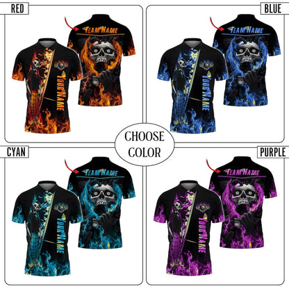 Custom Flaming Skull Billiards Polo Shirt, 8 Ball Skeleton Pool Team Jersey, Personalized Name & Team Shirt, Fire Skull Pool Shirt.