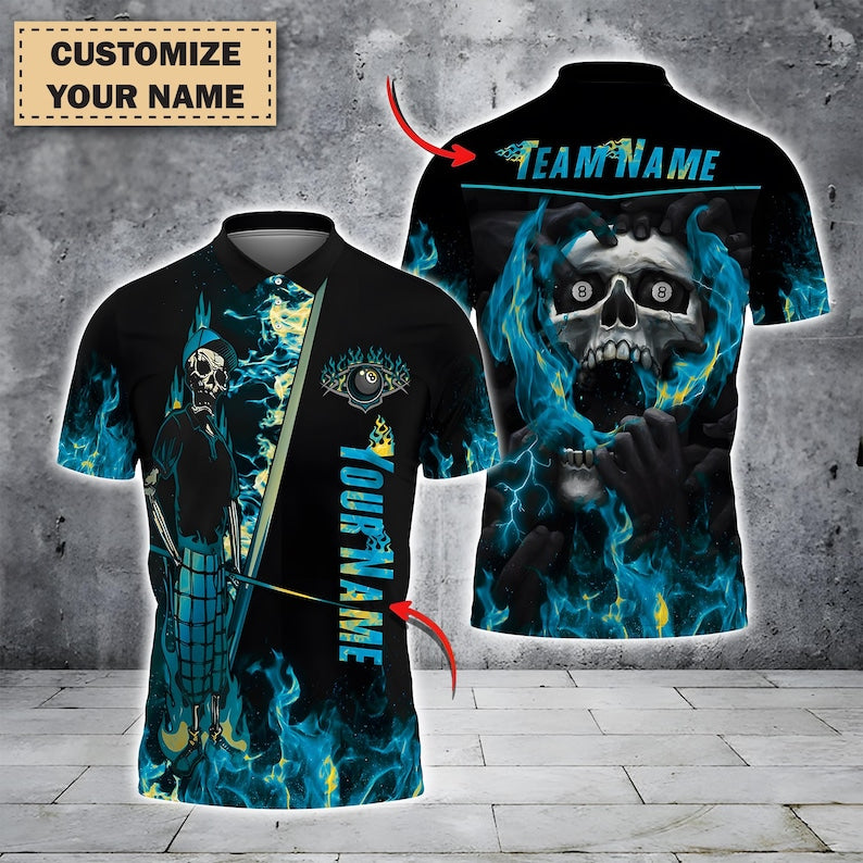 Custom Flaming Skull Billiards Polo Shirt, 8 Ball Skeleton Pool Team Jersey, Personalized Name & Team Shirt, Fire Skull Pool Shirt.