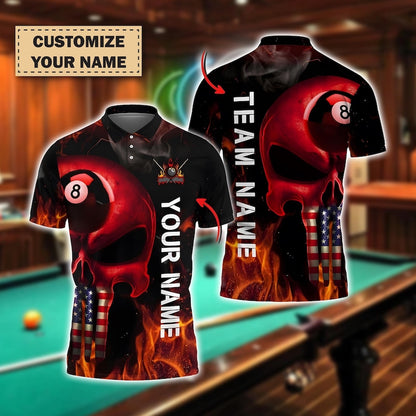 Custom Blue Skull Billiards Polo Shirt, 8 Ball Pool Team Shirt with American Flag, Personalized Name & Team Jersey, Skull Player Gift Shirt.