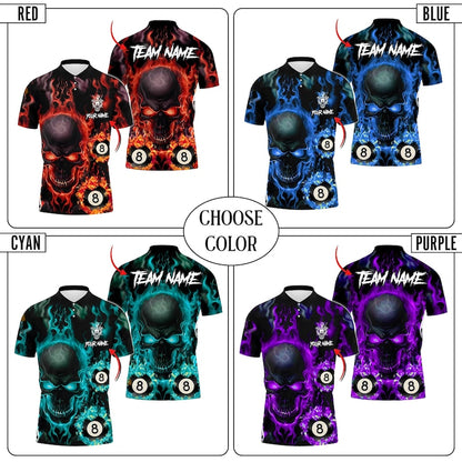 Custom Flaming Skull Billiards Polo Shirt for Men, Personalized 8 Ball Pool Team Jersey, Red Fire Cue Sports Polo, Gift for Pool Players.