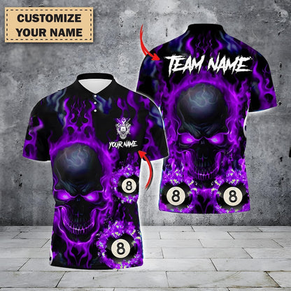Custom Flaming Skull Billiards Polo Shirt for Men, Personalized 8 Ball Pool Team Jersey, Red Fire Cue Sports Polo, Gift for Pool Players.
