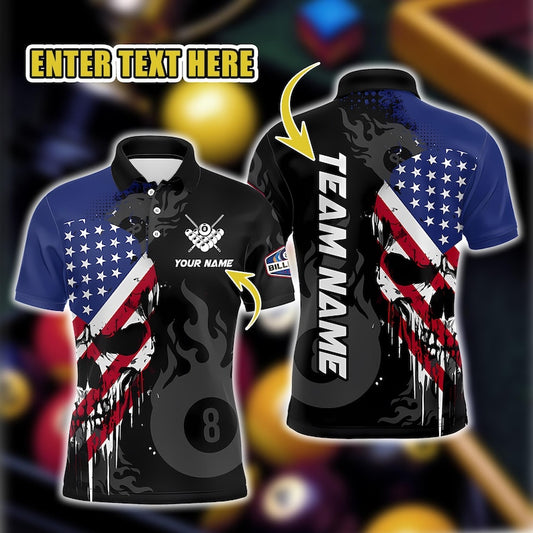 Custom 8 Ball Pool Polo Shirt for Men, Grunge Skull Billiards Jersey with American Flag, Patriotic Cue Sports Uniform, USA Snooker Team Gift