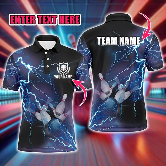 Custom Blue Lightning Bowling Shirt for Men, Personalized Thunder Polo Shirt, Team Bowlers Uniform, Gift for Bowling League Players.