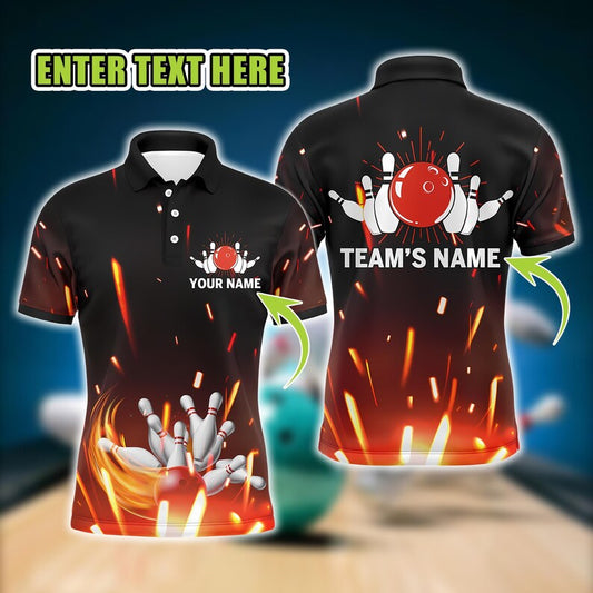 Personalized Flame Bowling Polo Shirt for Men, Custom Polo with Bowling Ball and Pins, Short Sleeve Bowler Jersey, Team League Uniform.