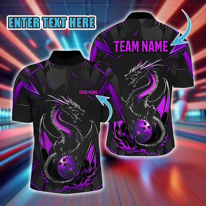 Custom Fantasy Bowler Polo, Personalized Black and Purple Dragon Bowling Polo for Men, Team League Uniform Shirt, Gift for Players.