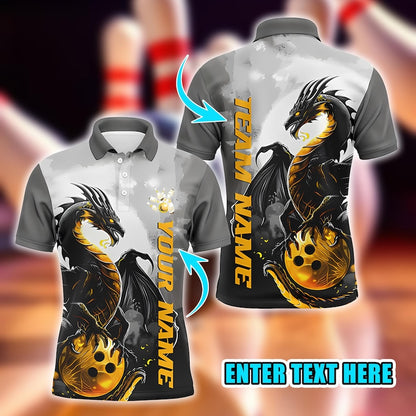 Custom Bowling Polo Shirt, Custom Black and Gold Dragon Bowling Shirt for Men, Unique Design Bowler Polo, Gift for Bowlers.