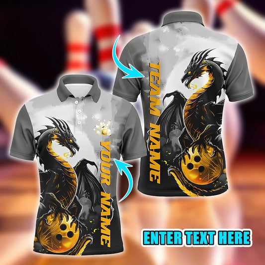 Custom Bowling Polo Shirt, Custom Black and Gold Dragon Bowling Shirt for Men, Unique Design Bowler Polo, Gift for Bowlers.