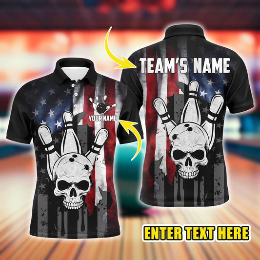 Custom Bowling Polo for Men, Personalized Team Name Jersey with American Flag Design, Cool Bowler Shirt, League Uniform.