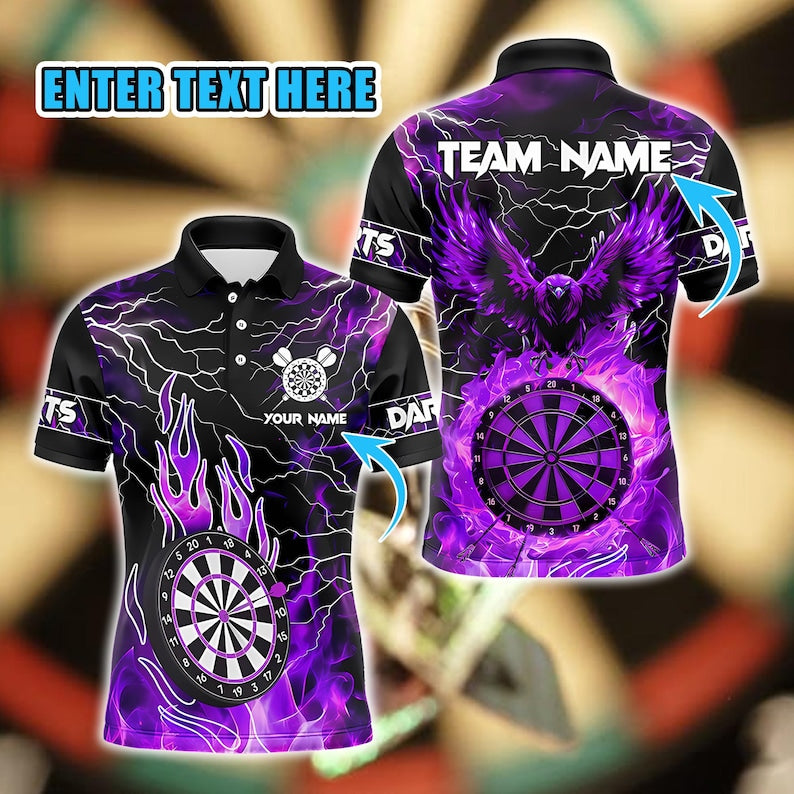 Fire Flame Dartboard Eagle Polo Shirt, Thunder Lightning Sports Jerseys For Tournament Or Team Event, Custom Apparel For Men Or Dart Players