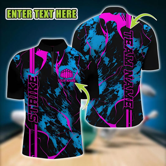 Personalized Blue Pink Bowling Polo for Men, Custom Camo Strike Shirt, Team Bowling Uniform Shirt, Gift for League Bowlers.